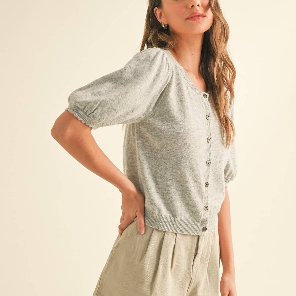 Miou Muse PUFF SHORT SLEEVE BUTTON DOWN KNIT CARDIGAN Grey Color Size Small